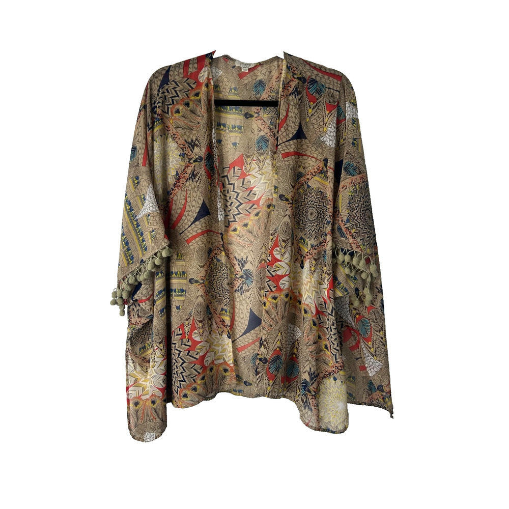 Umgee Boho Open Front Kimono Size M/L Sheer Multicolor‎ Peacock Tribal Festival